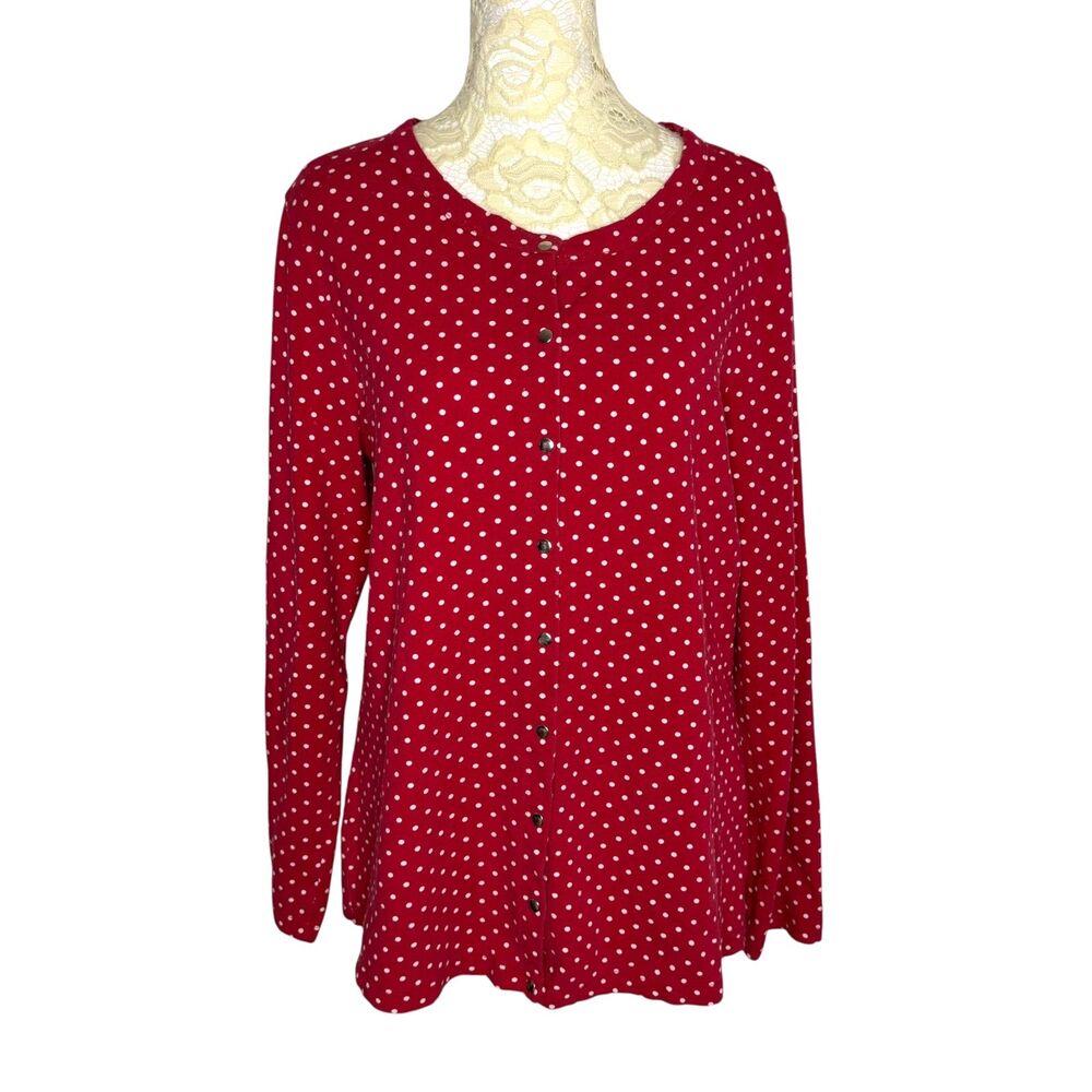 Susan Graver Cardigan Jersey Knit Top Snap Front Polka Dot Red White S